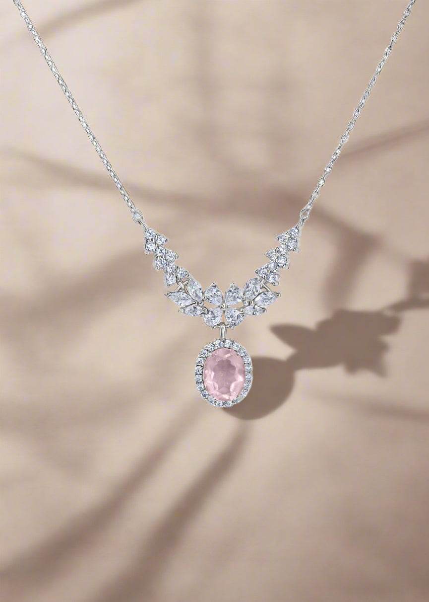 Elegant women’s necklace from The Rosalina Collection with pink gemstone