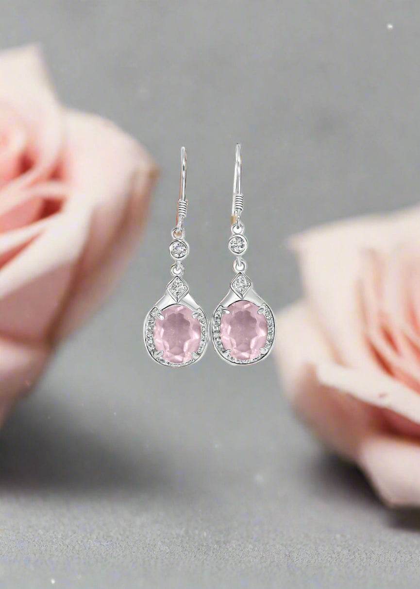 Natural rose quartz earrings set in platinum-plated sterling silver