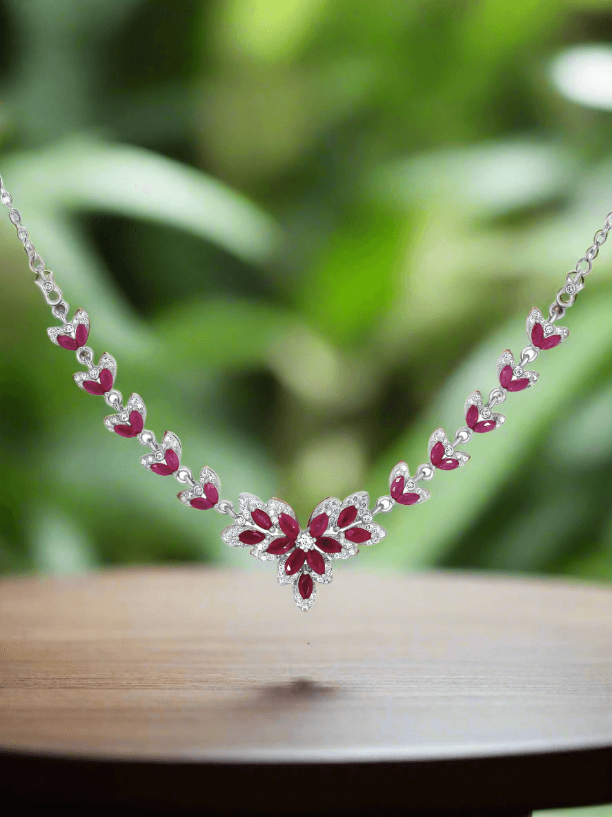 Platinum-plated sterling silver necklace with red ruby stones – luxury gemstone pendant