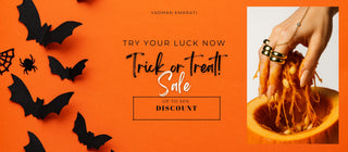 Halloween-themed promotional banner with bats, a hand reaching into a bowl, and text about a sale.