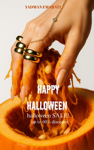 Hand with gold rings reaching into a pumpkin, surrounded by 'Happy Halloween' text and sale information.