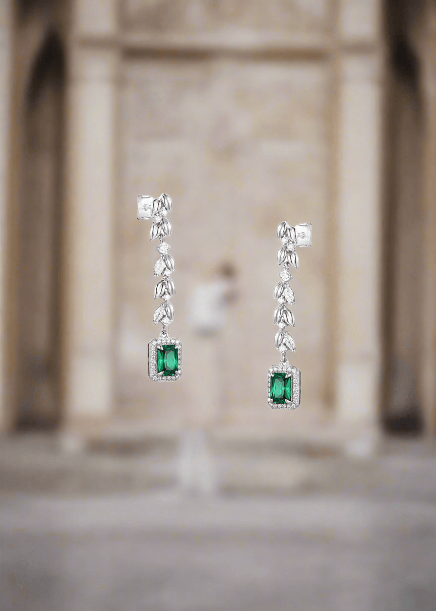 925 silver earrings for women with emerald-style green crystals