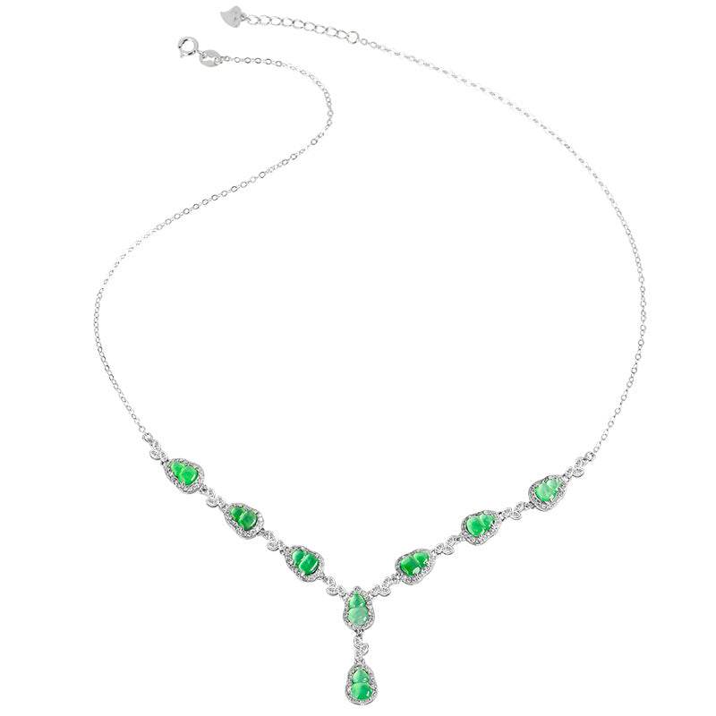Platinum-plated silver necklace with natural teardrop jade stones