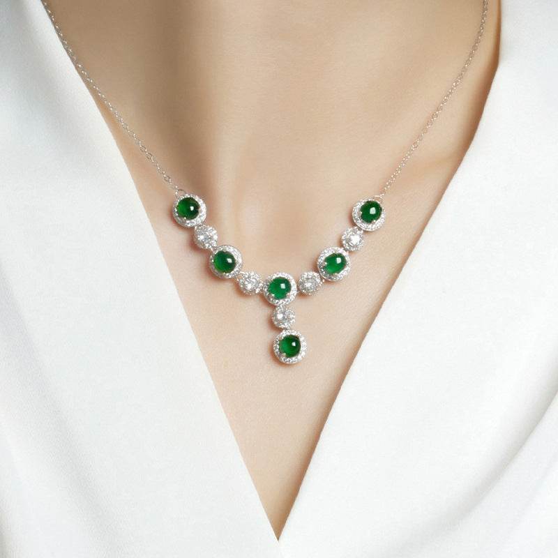 Handcrafted silver necklace with natural green jade and zircon details