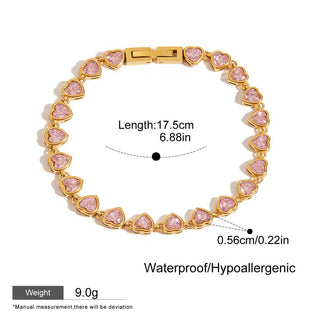 Gold bracelet with pink heart gemstones