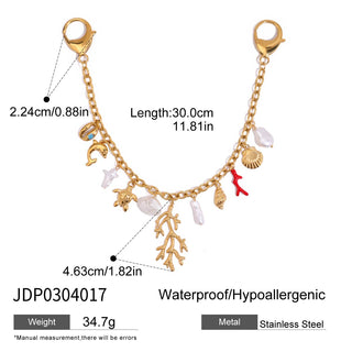 Gold charm bracelet with various charms on a white background, showing measurements and material details.