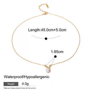 Gold necklace with measurements and product details on a white background