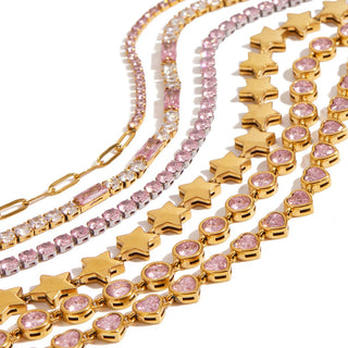 Bezel-set pink tennis bracelet with gold clasp