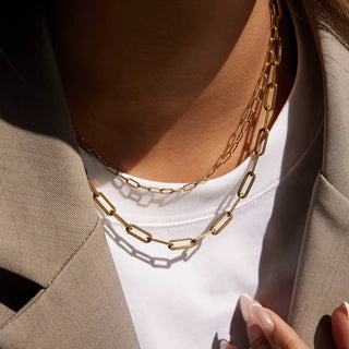Gold chain necklace worn by a person with a neutral background