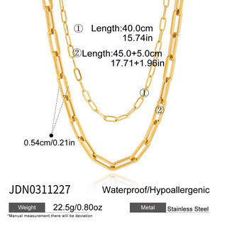 Gold chain necklace with measurements and product details on a white background