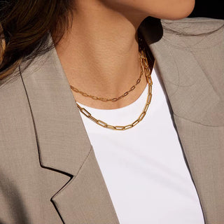Person wearing a gold chain necklace with a neutral background