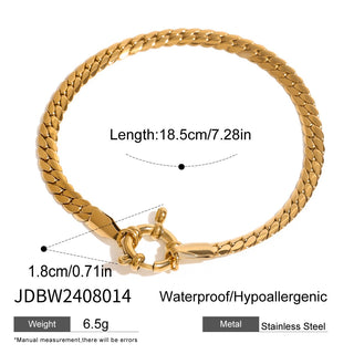 Gold bracelet with measurements and product details on a white background