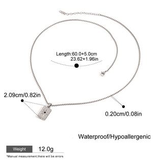 Silver necklace with measurement details on a white background