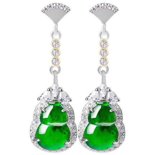 Natural jade drop earrings with lucky gourd design and platinum-plated silver