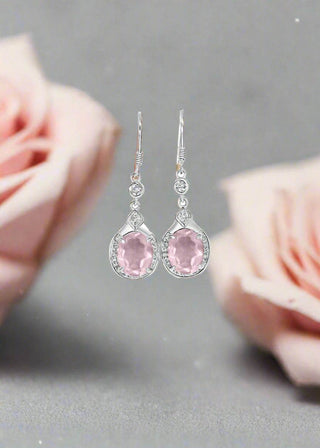 Natural rose quartz earrings set in platinum-plated sterling silver