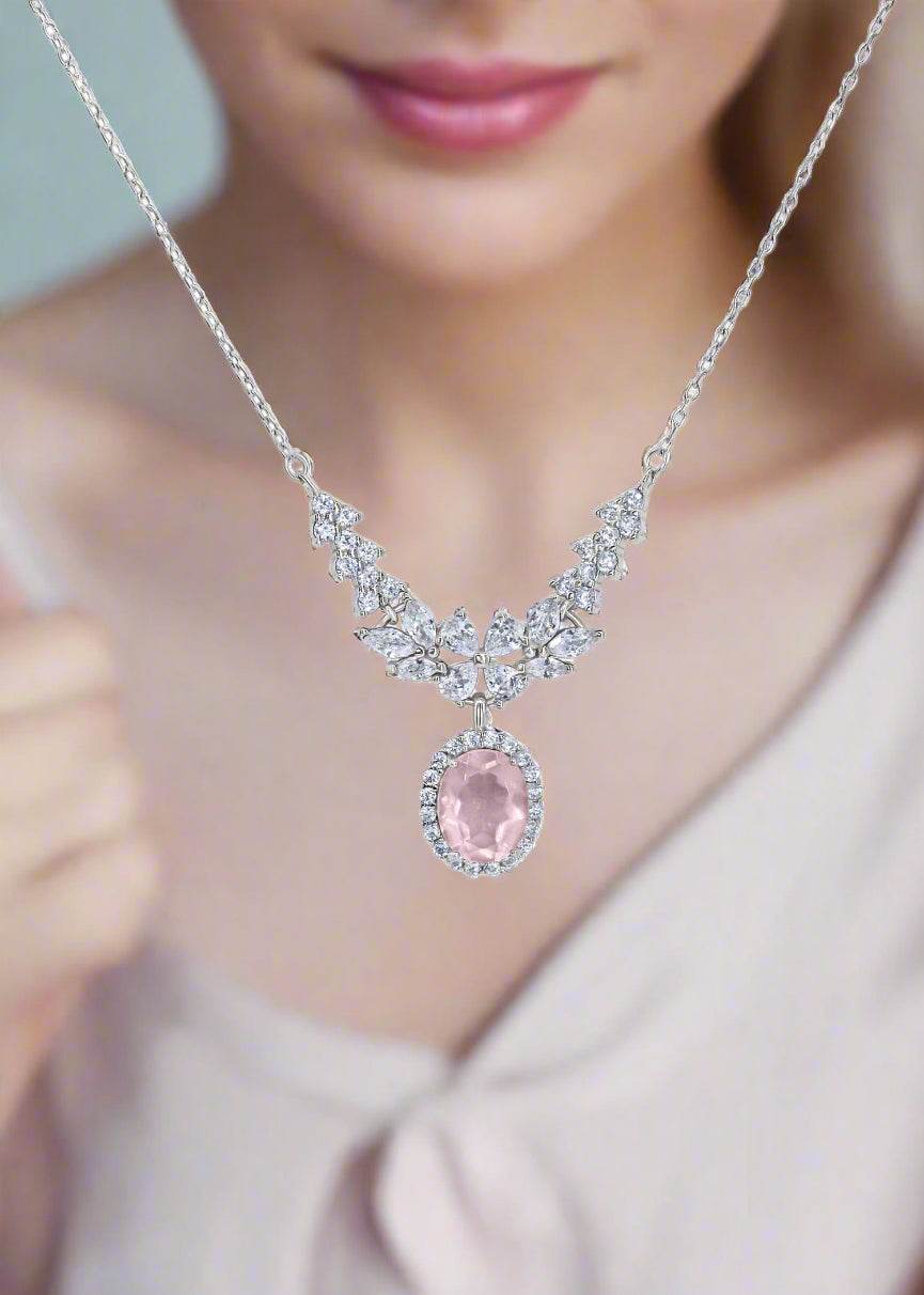 Natural rose quartz necklace with platinum-plated silver and zirconia accents