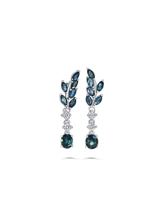 Boucles d’oreilles pour femme en saphir bleu naturel et argent plaqué platine – Collection Nyxsara | Fait main