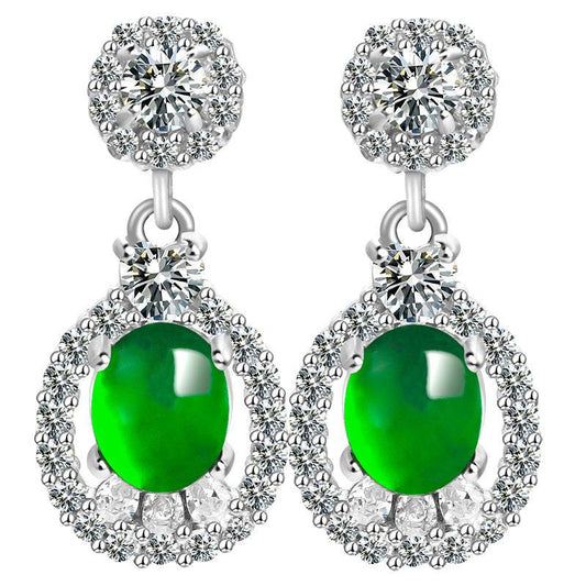 Platinum-plated silver earrings with natural green jade and zirconia stones