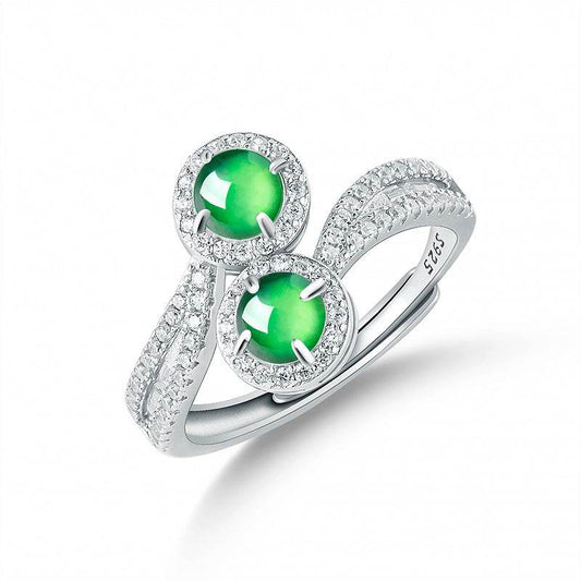 Spiritual gemstone ring with natural jade, zirconia, and silver