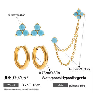 Set of gold and turquoise jewelry including earrings, rings, and a necklace with measurements and product details.