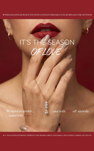 Advertisement for jewelry with a hand wearing a ring, red lipstick, and text on a red background.