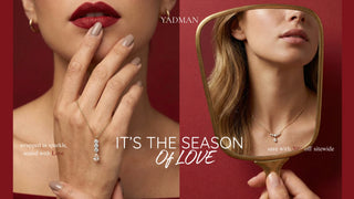Advertisement for YADMAN jewelry with a woman holding a mirror and another with a close-up of a hand wearing a ring.