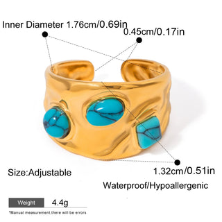Gold bracelet with turquoise stones and measurement details on a white background