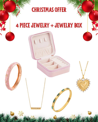 Jewelry set with jewelry box on a white background with Christmas decorations.
