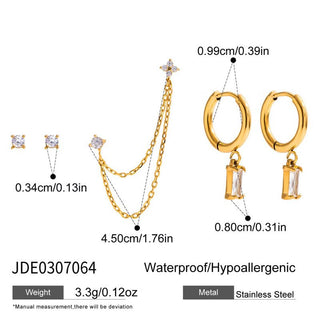 Gold earrings with measurements and product details on a white background
