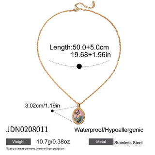Gold necklace with pendant, measurements, and material details on a white background