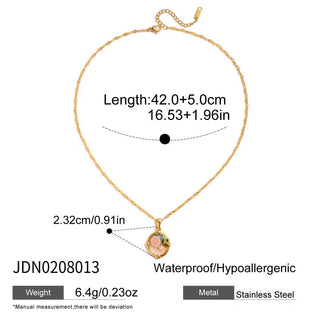 Gold necklace with pendant, measurements, and material details on a white background