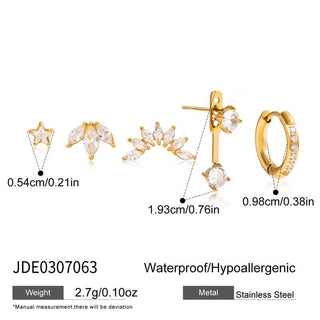 Gold earrings with measurements and product details on a white background