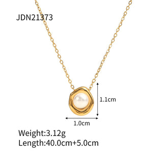 Gold necklace with a pearl pendant, showing measurements and product code on a white background.