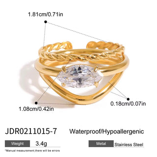 Gold ring with diamond, showing measurements and material details on a white background
