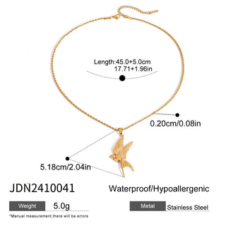 Gold necklace with a bird pendant, showing measurements and product details on a white background.