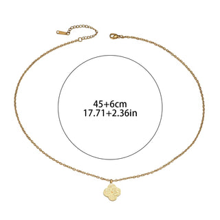Gold necklace with a clover pendant and measurement details on a white background