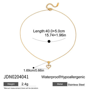Gold necklace with heart pendant and measurement details on a white background