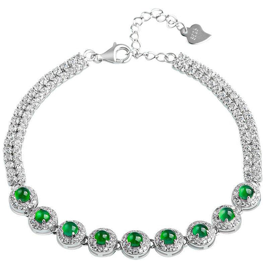 Platinum-plated silver bracelet with natural jade and zirconia stones