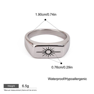 Silver ring with sun design and measurement details on a white background