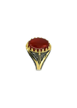 Top view of brown agate Islamic men’s ring with polished sterling silver frame