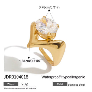 Gold ring with clear gemstone, showing measurements and product details on a white background.