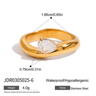 Gold ring with diamond, showing measurements and material details on a white background