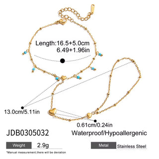 Gold necklace with blue beads and measurements on a white background