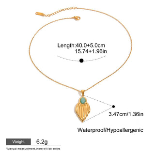 Gold necklace with pendant and measurement details on a white background